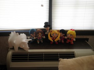 I decorated our air conditioner with Sailor Moon dolls and a dinosaur lamp.